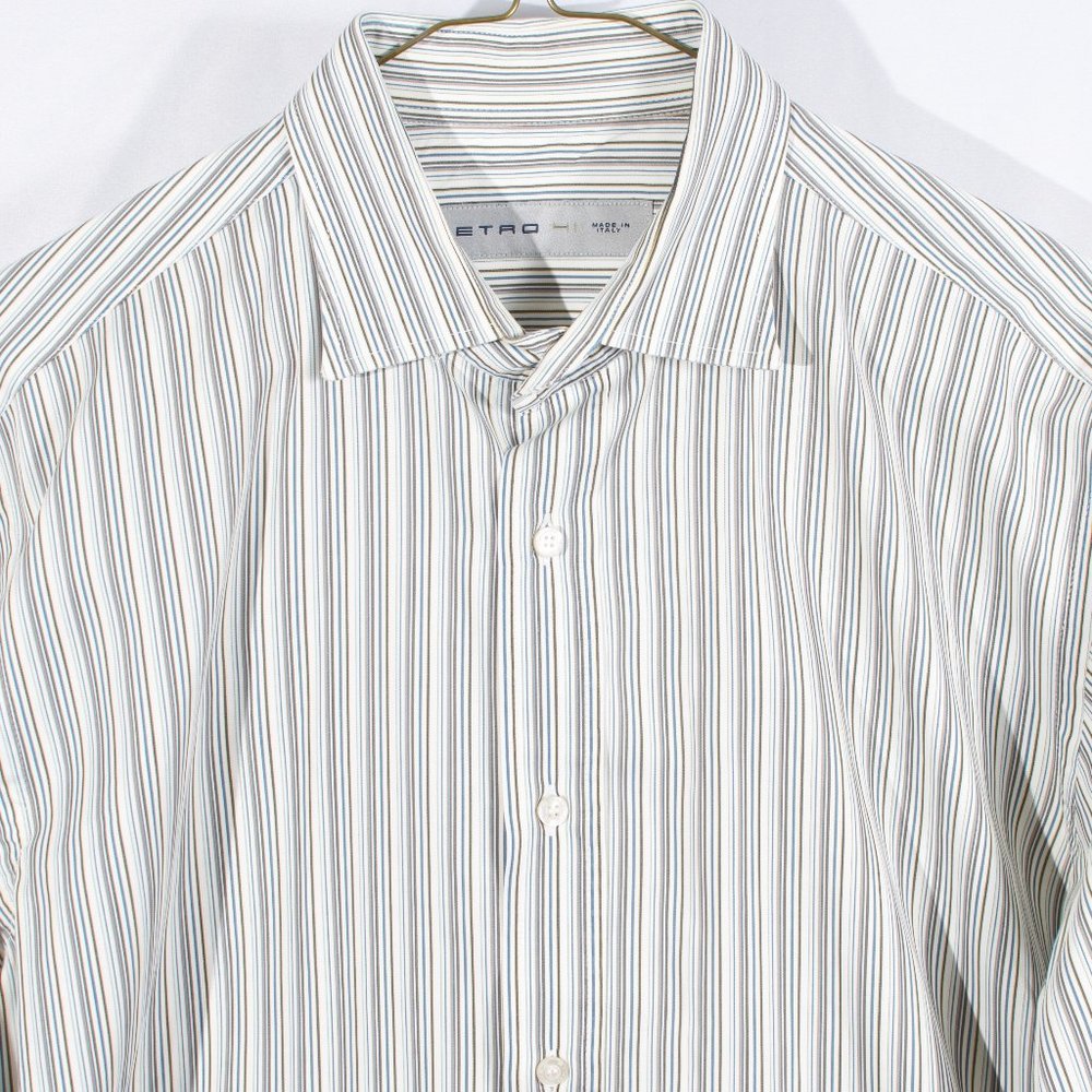 Etro Men's Dress Shirt 41 Cream Multi-stripe Cotton French Cuffs